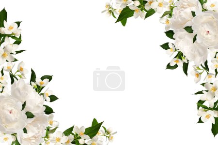 Blumeneckenanordnung. Zarter blumiger Rahmen mit weißen Pfingstrosen und Jasminblüten. Gestaltungselement für Collage oder Design, Hochzeitskarten und Einladungen. Hintergrund überlagern.