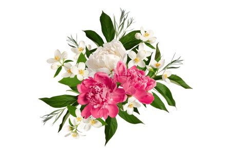 Disposición floral festiva. Flores de jazmín, peonías blancas y rosadas, hojas de peonía verde, ramitas verdes.Elemento para crear diseños, tarjetas, patrones, arreglos florales, tarjetas de boda e invitaciones.