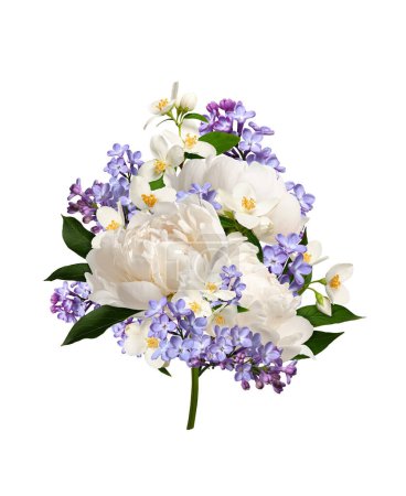 Ramo festivo de peonías blancas, flores de jazmín y lila aisladas sobre fondo blanco. Elemento para crear diseños, tarjetas, patrones, arreglos florales, tarjetas de boda e invitaciones.