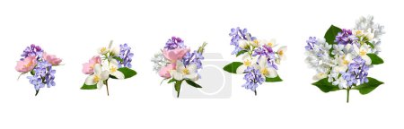 Set of miniature bouquets with lilac, rosehip, jasmine and white lilac flowers isolated on white background. Perfect for creating wedding cards, invitations, floral arrangements, frames.