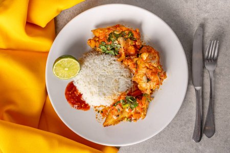 Delicious Brazilian fish moqueca with tomato, onion, olive oil, coriander and orocum seed. Served on a white porcelain plate with rice. With yellow towel around.