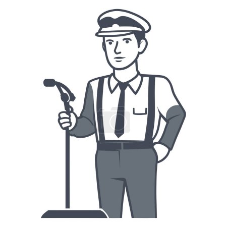 Tribune speaker man wearing cap with microphone icon. Public speaking symbol. Conference glyph pictogram vector illustration.
