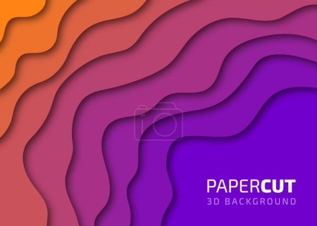 Orangefarbener, rosafarbener und blauer Papier geschnittener Hintergrund mit wellenförmigen Schichten kopiert den Raum. 3D-Relief-Schnitzkunst Papierschnitt Wellen Vektor Illustration für Banner, Poster, Präsentationen, Grußkarten und Flyer druckt Text.