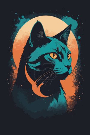 Vector illustration of a black cat with orange and blue grunge background