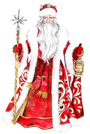 Foto de Ilustración de acuarela de Santa Claus con palo de Navidad y lámpara, felicitación de Año Nuevo, Papá Noel ruso con barba blanca largas.Santa en abrigo rojo con adorno blanco. Pintura hecha a mano. - Imagen libre de derechos
