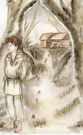 Photo for Hansel in the forest. Watercolor fantasy illustration. Watercolor hand drawn book story. Children fairy tales - Royalty Free Image