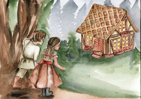 Téléchargez les photos : Illustration fantaisie aquarelle Hansel et Gretel. Histoire de livre dessinée à la main. Enfants contes de fées - en image libre de droit