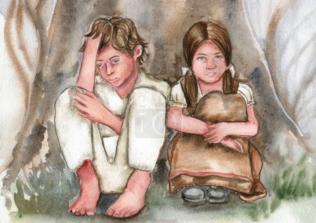 Hansel and Gretel alone in the forest. Watercolor fantasy illustration. Hand drawn book story. Children fairy tales 