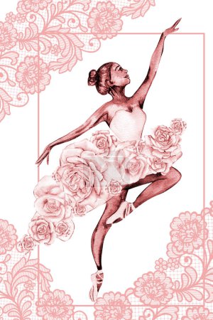 Photo for Hand drawn watercolor card template dancing ballerina with flower and lace. Pink pretty ballerina. Watercolor hand drawn illustration. Pictures for poster, invitation, postcard, background and posters - Royalty Free Image
