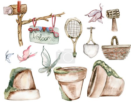 Téléchargez les photos : Watercolor cartoonpointer for fairy made from wood,butterfly,flower pots. Cute hand painted fairy tale illustration for greeting cards, prints, post cards . Illustartion isilated on white background. - en image libre de droit