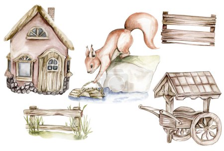 Photo for Watercolor illustration of an old country house,squirrel,wooden cart. An old rusty enamel element. Hand-drawn in watercolour on a white background. Perfect for wedding invitation, greetings card. - Royalty Free Image