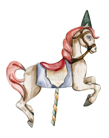Aquarell handgezeichnetes Zirkusweißes Pferd auf weißem Hintergrund. Pferdeillustration. Aquarell-Gemälde eines galoppierenden Pferdes. Perfekt für Grußkarten, Poster, Einladungen und Partydekoration.