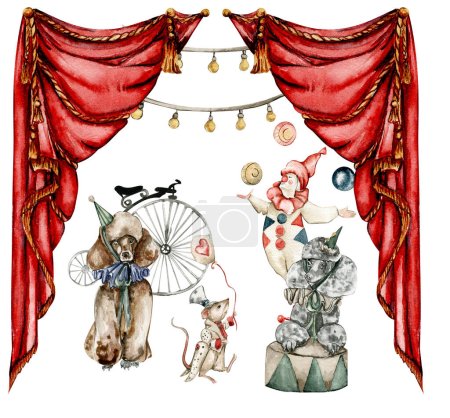 Photo for Watercolor circus composition in vintage style. Perfect for wedding, invitations, blogs, card templates, birthday and baby cards, patterns, quotes. isolater on white background.Cute circus animals. - Royalty Free Image