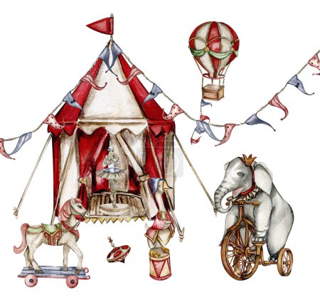 Photo for Watercolor circus composition in vintage style. Perfect for wedding, invitations, blogs, card templates, birthday and baby cards, patterns, quotes. isolater on white background.Cute circus animals. - Royalty Free Image