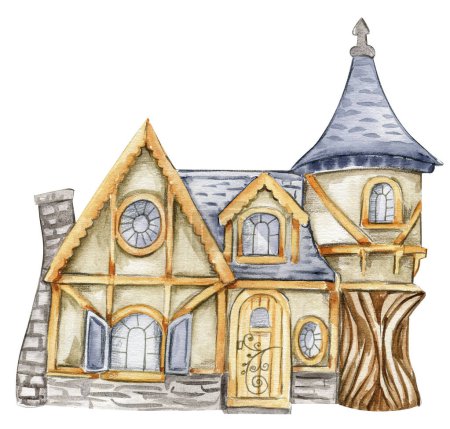 Watercolor cartoon house made from stone for fairy. Cute hand painted fairy tale illustration for greeting cards, prints, post cards and souvenirs. Illustartion isilated on white background.