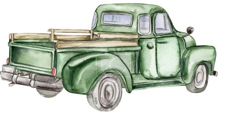Photo for Vintage watercolor green truck, hand drawn illustration of old retro car on a white background. Perfect for scrapbooking, kids design, wedding invitation, posters, greetings cards. - Royalty Free Image