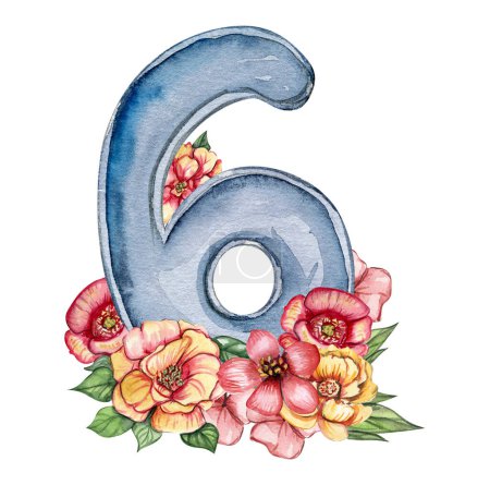 Photo for Watercolor hand drawn numbers and flowers composition. Illustration of a numbers. Perfect for scrapbooking, kids design, wedding invitation, posters, greetings cards, party decoration. - Royalty Free Image