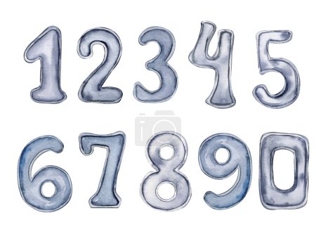 Watercolor hand drawn blue numbers. Illustration of a numbers. Perfect for scrapbooking, kids design, wedding invitation, posters, greetings cards, party decoration.