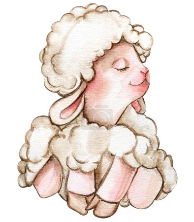 Photo for Watercolor hand drawn cute white fluffy sheep. Watercolor illustration of farm baby animal on a white background. Perfect for wedding invitation, greetings card, posters, fabric patterns. - Royalty Free Image
