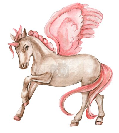 Schönes, niedliches, weißes Einhorn mit rosa Flügeln. Pferd für Kinderzimmer, Baby-Dusche, Einladung zur Geburtstagsfeier. Aquarell handgezeichnete Vintage-Illustration für Grußkarten, Poster, Aufkleber, Verpackungen.