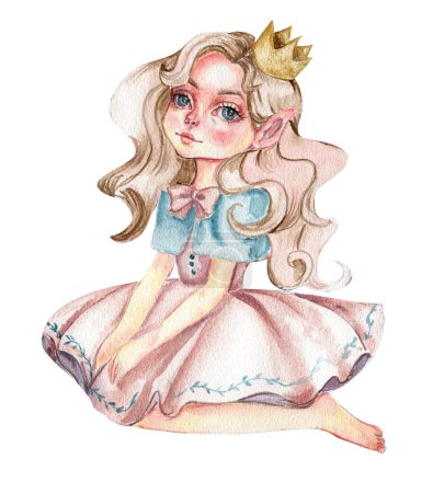 Photo for Flower fairy, little princess dressed in pink flower illustration. Cute character, flower princess. on a white background. Watercolor illustration for greeting card, posters, stickers, packaging. - Royalty Free Image