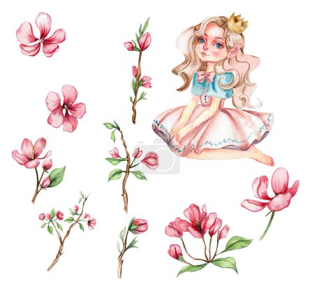 Photo for Flower fairy, little princess dressed in pink flower illustration. Cute character, flower princess. on a white background. Watercolor illustration for greeting card, posters, stickers, packaging. - Royalty Free Image