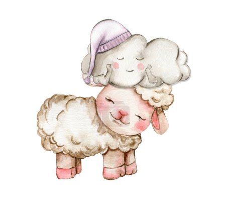 Photo for Watercolor cute white fluffy sheep and cute cloud on it's head. Illustration of farm baby animal. Perfect for wedding invitation,greetings card,poster, fabric patterns. - Royalty Free Image