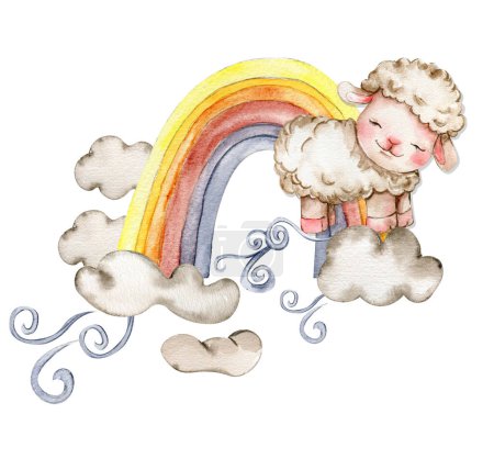 Photo for Cute white fluffy sheep sitting on the rainbow and clowds arround it. Illustration of farm baby animal . Perfect for wedding invitation,greetings card, poster, fabric pattern. - Royalty Free Image