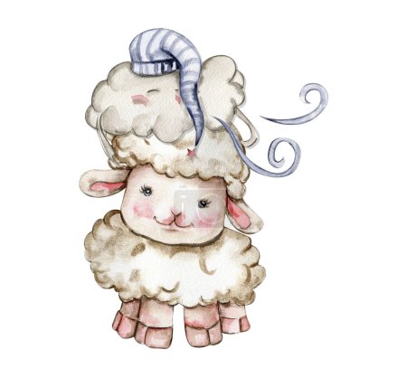 Photo for Watercolor cute white fluffy sheep and cute cloud on it's head. Illustration of farm baby animal. Perfect for wedding invitation,greetings card,poster, fabric patterns. - Royalty Free Image