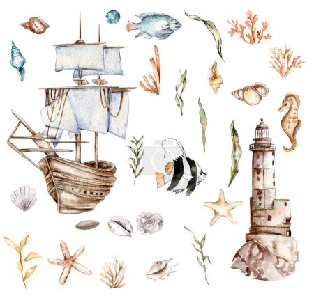 Téléchargez les photos : Aquarelle ensemble de coquillages, hippocampe, étoile de mer, bulles sur un fond blanc isolé, dessin à la main, clipart marin d'été - en image libre de droit