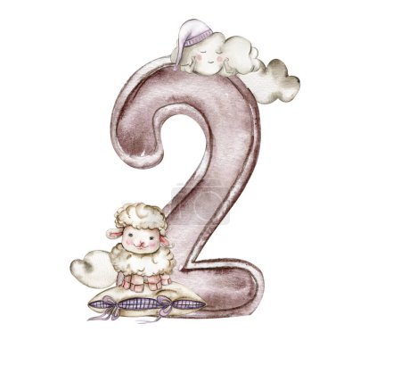 Photo for Watercolor hand drawn numbers and fluffu sheep composition. Illustration of a numbers. Perfect for scrapbooking, kids design, wedding invitation, posters, greetings cards, party decoration. - Royalty Free Image