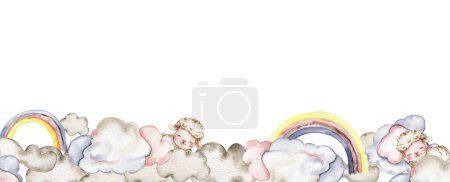 Photo for White fluffy sheep sitting in the clowds with rainbow. Watercolor hand drawn illustration of farm baby animal . Perfect for greetings card, poster, fabric pattern. - Royalty Free Image