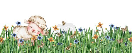 Photo for White fluffy sheep sitting in the field of grass with flowers and butterflies. Watercolor hand drawn illustration of farm baby animal . Perfect for greetings card, poster, fabric pattern. - Royalty Free Image