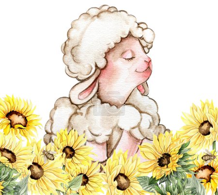 Photo for Watercolor hand drawn cute white fluffy sheep sitting in the sunflowers. Illustration of farm baby animal . Perfect for wedding invitation, greetings card, poster, fabric pattern. - Royalty Free Image