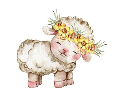 Photo for Watercolor white fluffy sheep with wreath made from yellow narcissus flowers on its head. Illustration of farm baby animal. Perfect for wedding invitation,greetings card,poster, fabric patterns. - Royalty Free Image