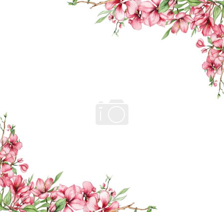 Photo for Watercolor square spring garden full of flowers frame in cartoon style with a flower fairy. Cartoon hand drawn illustration with flower princess for kids design. Perfect for wedding invitation. - Royalty Free Image