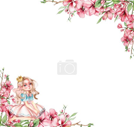 Photo for Composition corner border of flower fairy, little princess dressed in pink with flower illustration. Watercolor illustration for greeting card, posters, stickers, packaging. - Royalty Free Image