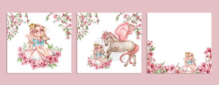 Photo for Composition border of flower fairy, little princess dressed in pink with flower illustration. Watercolor illustration for greeting card, posters, stickers, packaging. - Royalty Free Image