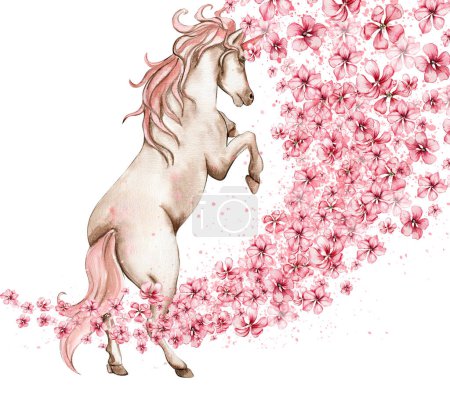 Photo for White unicorn with pink wings and pink flowers. For nursery, baby shower, invitation for birthday party. Watercolor illustration for greeting card, posters, stickers, packaging. - Royalty Free Image