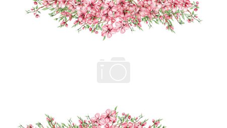 Photo for Delicate, pink sakura flowers. Horizontal board, watercolor illustration. For the design and decoration of postcards, posters, stickers, wallpapers, banners, souvenirs. - Royalty Free Image