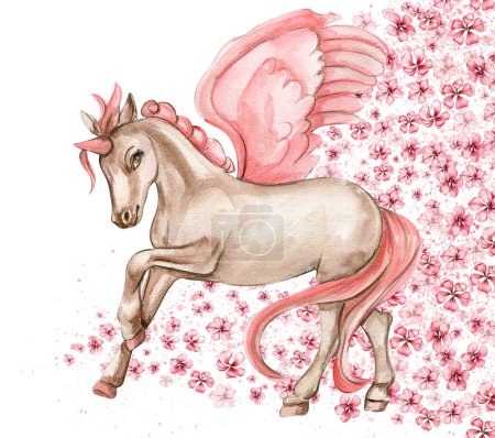 Photo for White unicorn with pink wings and pink flowers. For nursery, baby shower, invitation for birthday party. Watercolor illustration for greeting card, posters, stickers, packaging. - Royalty Free Image