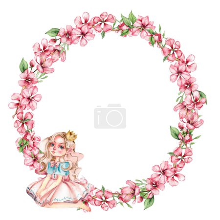 Photo for Spring flowers wreath. Watercolor illustration for scrapbooking, cards, backgrounds. Cartoon hand drawn background with summer flower for kids design. Perfect for wedding invitation. - Royalty Free Image