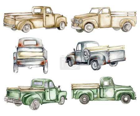 Photo for Vintage watercolor trucks, hand drawn illustration of old retro car . Perfect for scrapbooking, kids design, wedding invitation, posters, greetings cards. - Royalty Free Image