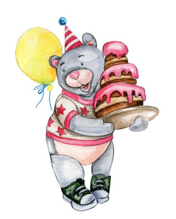 Watercolor hand painted party celebration elements. Bear and rabbit in birthday cap. Design for baby shower party, birthday, cake, holiday design, greetings card, invitation.