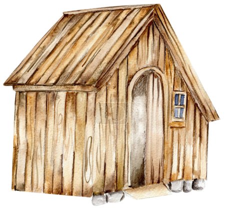 Aquarell-Bauernhaus aus Holz. Handgezeichnete Illustration eines Bauernhofs. Perfekt für Hochzeitseinladungen, Grußkarten, Poster.