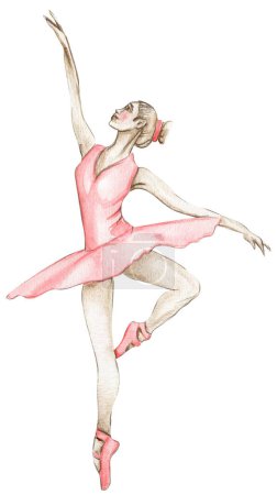 Photo for Watercolor dancing ballerina in red dress. Isolated dancing ballerina. Hand drawn classic ballet performance, pose. Young pretty ballerina women illustration. Can be used for postcard and posters. - Royalty Free Image
