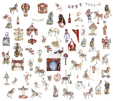 Photo for Watercolor circus set of elements in vintage style. Perfect for wedding, invitations, blogs,card templates, birthday and baby cards, patterns, quotes. isolater on white background.Cute circus animals. - Royalty Free Image