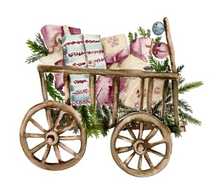 Photo for Wooden cart with present boxes. Watercolor hand drawn illustration for invitations, greeting cards, prints, packaging and more. Merry christmas and happy new year. - Royalty Free Image