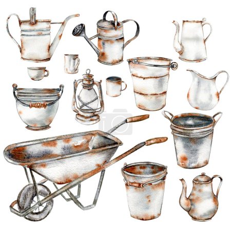 Photo for Watercolor illustration set of old rusty elements. An old rusty enamel elements. Perfect for wedding invitation, greetings card, posters, party decoration. - Royalty Free Image
