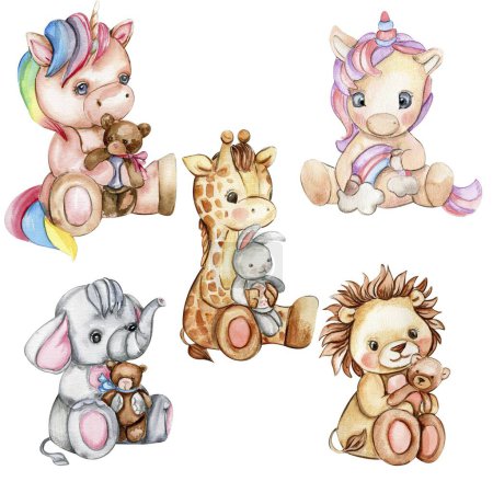 Photo for Watercolor cute small baby giraffe, lion and elephant. Animal for baby shower party, birthday, cake, holiday celebration design, kids room decorations, invitations, poster, greeting card,fabric. - Royalty Free Image